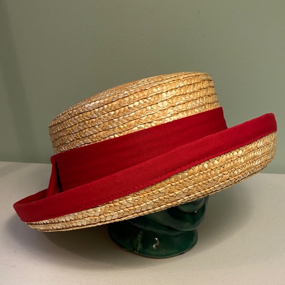 Red and Tan Straw Boater Hat - Picture 1 of 7